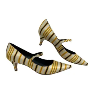 Tory Burch Cream Yellow Striped Beverly Kitten Heels | Size 10.5