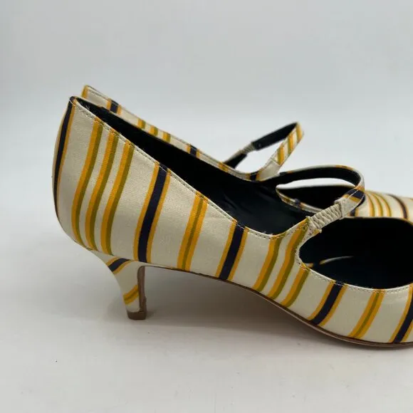 Tory Burch Cream Yellow Striped Beverly Kitten Heels | Size 10.5