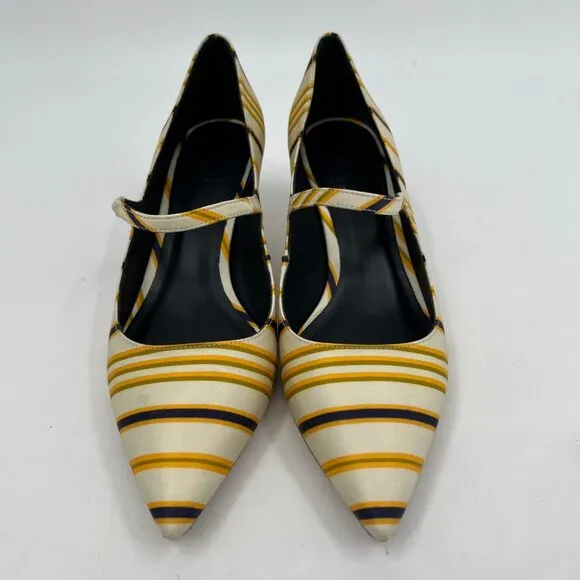 Tory Burch Cream Yellow Striped Beverly Kitten Heels | Size 10.5