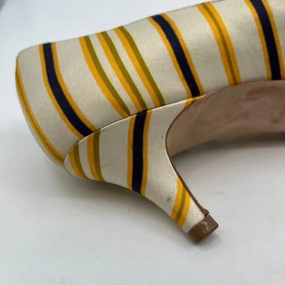 Tory Burch Cream Yellow Striped Beverly Kitten Heels | Size 10.5