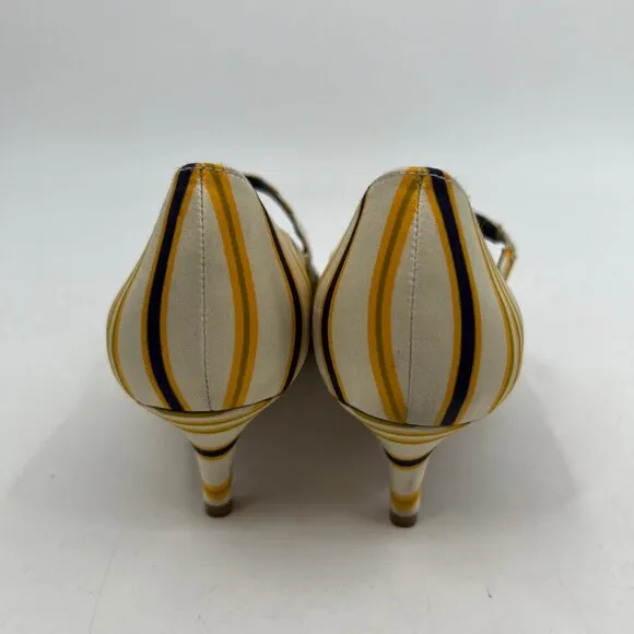 Tory Burch Cream Yellow Striped Beverly Kitten Heels | Size 10.5