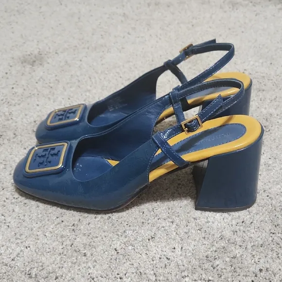 Tory Burch Georgia Bombe Slingback Heels Pumps Blue Patent Leather Size 8 M