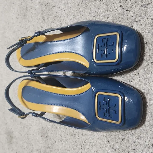 Tory Burch Georgia Bombe Slingback Heels Pumps Blue Patent Leather Size 8 M