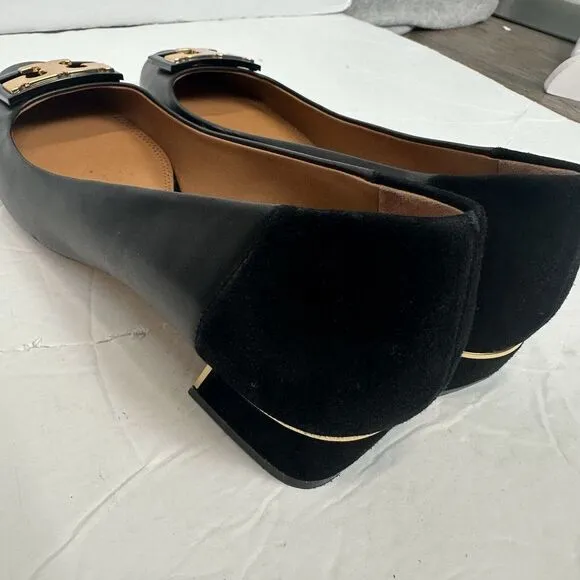 Tory Burch GiGi Slip On Pump Soft Suede Leather Women 7.5 Black Gold Career Bloc
