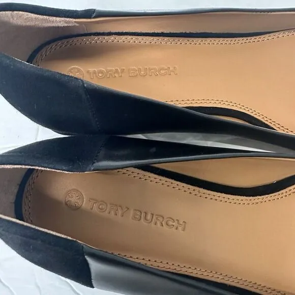 Tory Burch GiGi Slip On Pump Soft Suede Leather Women 7.5 Black Gold Career Bloc