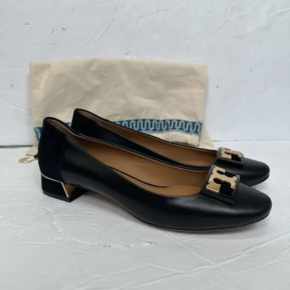 Tory Burch GiGi Slip On Pump Soft Suede Leather Women 7.5 Black Gold Career Bloc
