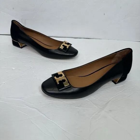 Tory Burch GiGi Slip On Pump Soft Suede Leather Women 7.5 Black Gold Career Bloc