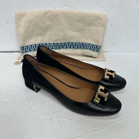 Tory Burch GiGi Slip On Pump Soft Suede Leather Women 7.5 Black Gold Career Bloc