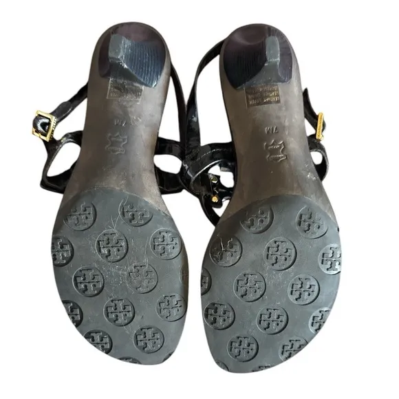 Tory Burch Holly 2 Kitten Heel Thong Slingback Sandals Black Leather Women's 7