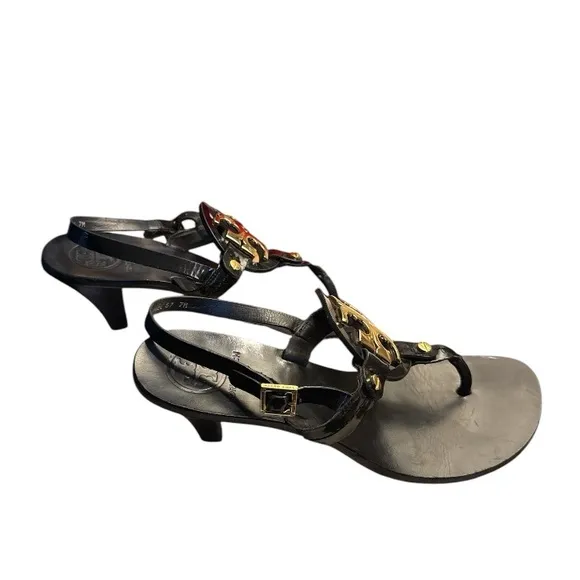 Tory Burch Holly 2 Kitten Heel Thong Slingback Sandals Black Leather Women's 7