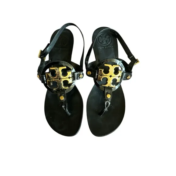 Tory Burch Holly 2 Kitten Heel Thong Slingback Sandals Black Leather Women's 7