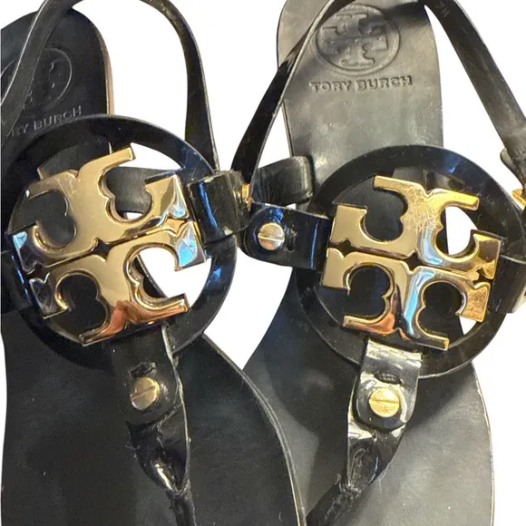 Tory Burch Holly 2 Kitten Heel Thong Slingback Sandals Black Leather Women's 7