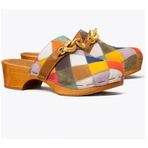 Tory Burch Jessa Patchwork Suede Equestrian Clogs Multi Color Size 6 With Box