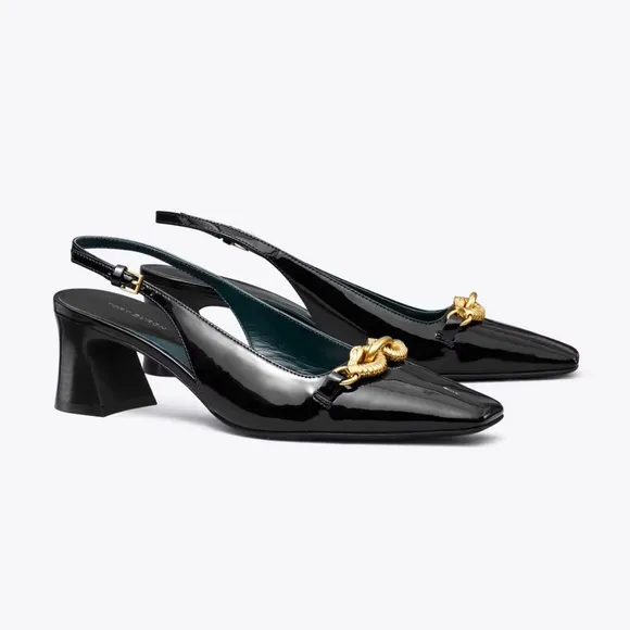Tory Burch Jessa Slingback Black Heels with Gold Chain Detail, 9