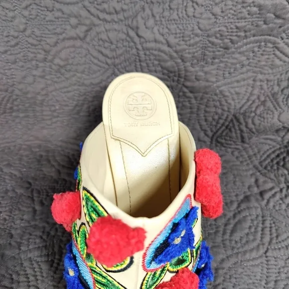 Tory Burch Multicolor Christmas Embroidered Leather Ellis Peep Toe Heel Mule 10M