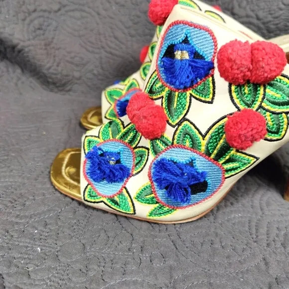 Tory Burch Multicolor Christmas Embroidered Leather Ellis Peep Toe Heel Mule 10M