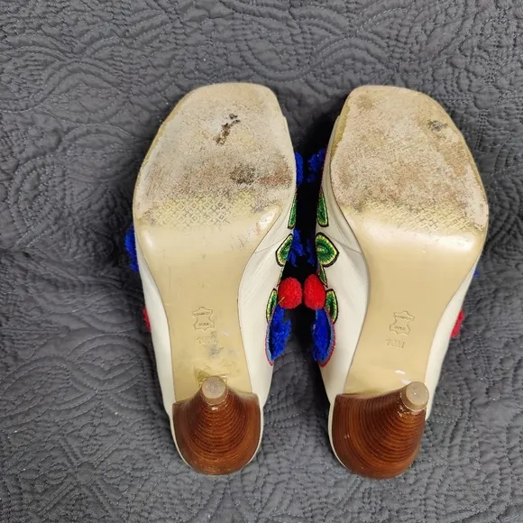 Tory Burch Multicolor Christmas Embroidered Leather Ellis Peep Toe Heel Mule 10M