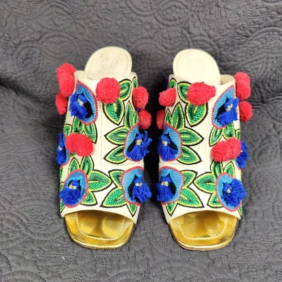 Tory Burch Multicolor Christmas Embroidered Leather Ellis Peep Toe Heel Mule 10M