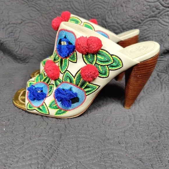 Tory Burch Multicolor Christmas Embroidered Leather Ellis Peep Toe Heel Mule 10M