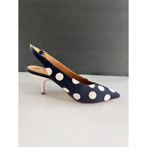 TORY BURCH Navy Blue &amp; White Polka Dot Slingback Heels - Size 37