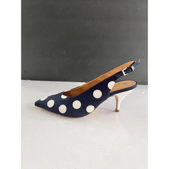TORY BURCH Navy Blue &amp; White Polka Dot Slingback Heels - Size 37
