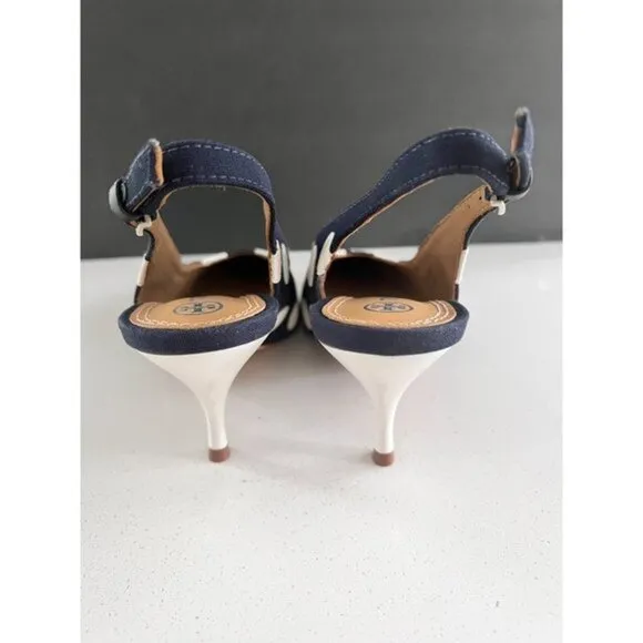 TORY BURCH Navy Blue &amp; White Polka Dot Slingback Heels - Size 37
