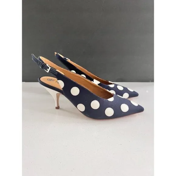 TORY BURCH Navy Blue &amp; White Polka Dot Slingback Heels - Size 37