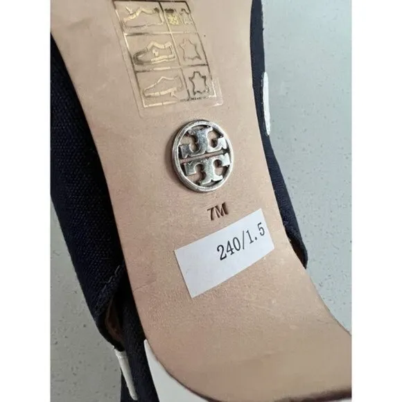 TORY BURCH Navy Blue &amp; White Polka Dot Slingback Heels - Size 37