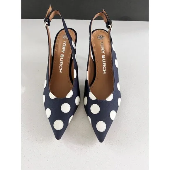 TORY BURCH Navy Blue &amp; White Polka Dot Slingback Heels - Size 37