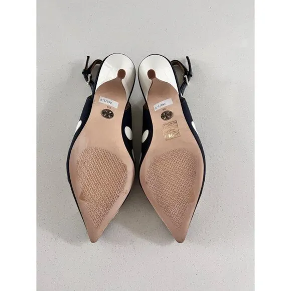 TORY BURCH Navy Blue &amp; White Polka Dot Slingback Heels - Size 37