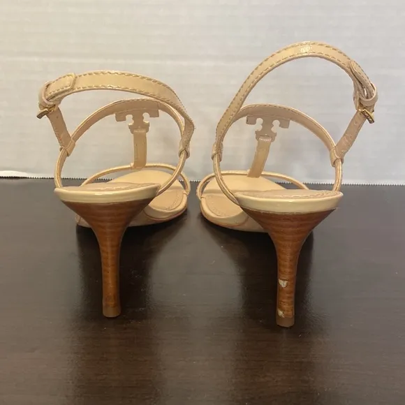 Tory Burch Saffiano Tan T Strap Leather Kitten Heels Size 7 1/2