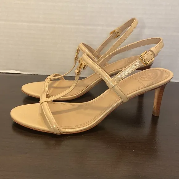 Tory Burch Saffiano Tan T Strap Leather Kitten Heels Size 7 1/2