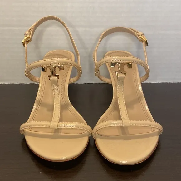 Tory Burch Saffiano Tan T Strap Leather Kitten Heels Size 7 1/2