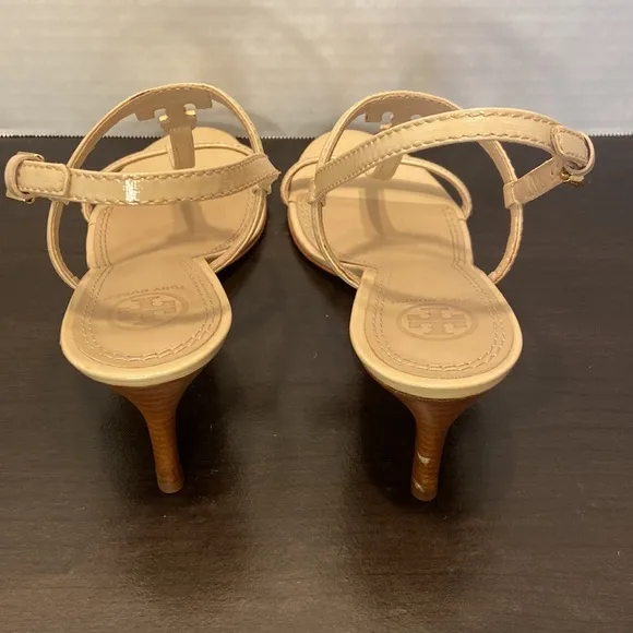 Tory Burch Saffiano Tan T Strap Leather Kitten Heels Size 7 1/2