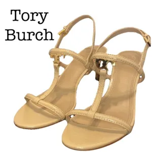 Tory Burch Saffiano Tan T Strap Leather Kitten Heels Size 7 1/2