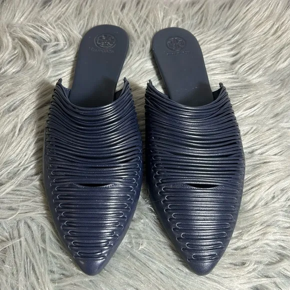 Tory Burch Siena Flat Navy Blue Leather Mules Size 11M