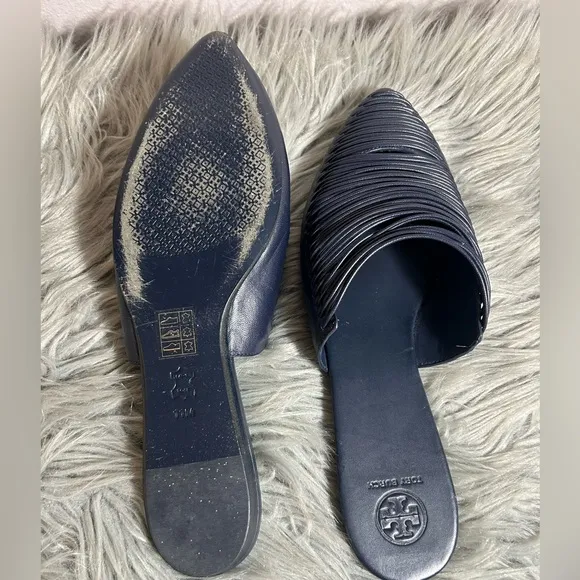 Tory Burch Siena Flat Navy Blue Leather Mules Size 11M