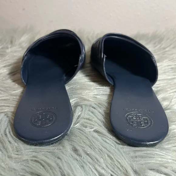 Tory Burch Siena Flat Navy Blue Leather Mules Size 11M