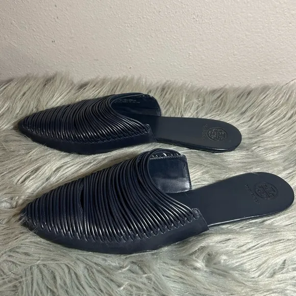 Tory Burch Siena Flat Navy Blue Leather Mules Size 11M