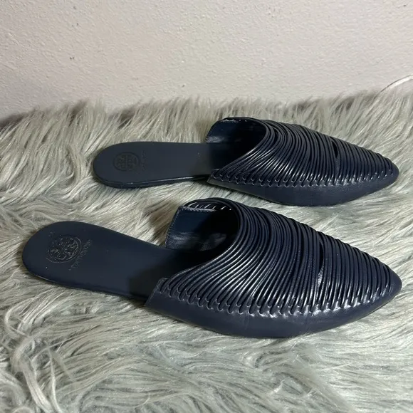 Tory Burch Siena Flat Navy Blue Leather Mules Size 11M