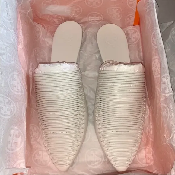 Tory Burch, Sienna Flat/Mules, White Leather, Sz 10.5, NWB