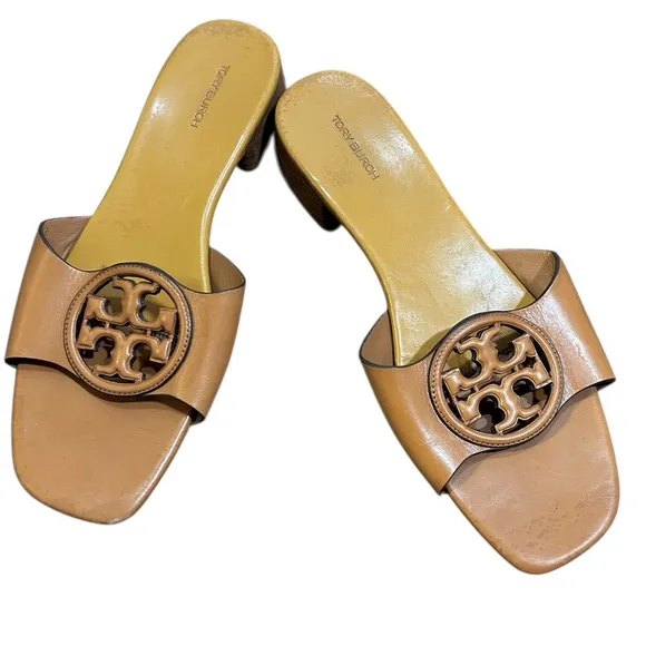 Tory Burch Tan Mules with Logo Medallion