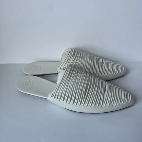 Tory Burch White Sienna Woven Leather Pointed Toe Mules Sandal Flats Casual 9.5