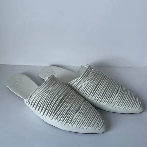 Tory Burch White Sienna Woven Leather Pointed Toe Mules Sandal Flats Casual 9.5
