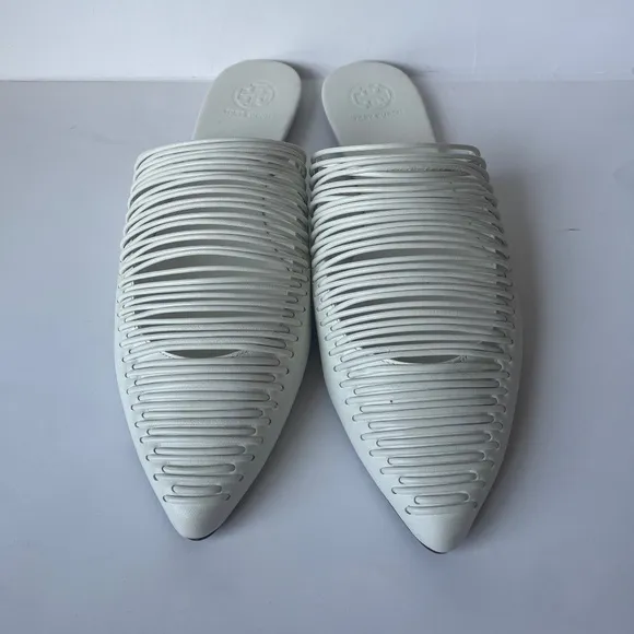 Tory Burch White Sienna Woven Leather Pointed Toe Mules Sandal Flats Casual 9.5