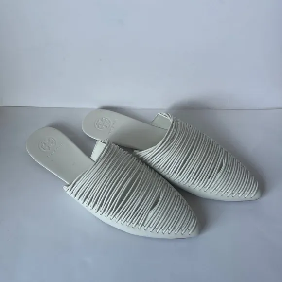 Tory Burch White Sienna Woven Leather Pointed Toe Mules Sandal Flats Casual 9.5