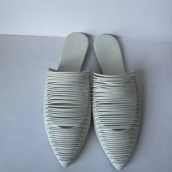Tory Burch White Sienna Woven Leather Pointed Toe Mules Sandal Flats Casual 9.5