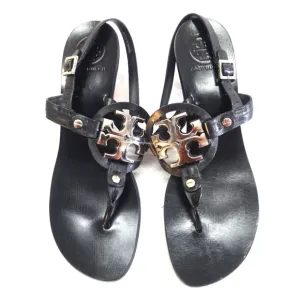 Tory Burch Women's 7.5 Holly 2 Black Leather Silver Emblem kitten Heels Sandals