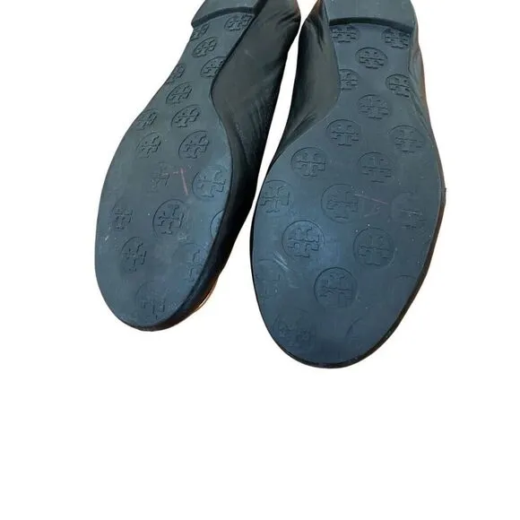 Tory Burch Minnie Travel Ballet Women’s Black Leather Flat w/ Gold Medallion 9.5