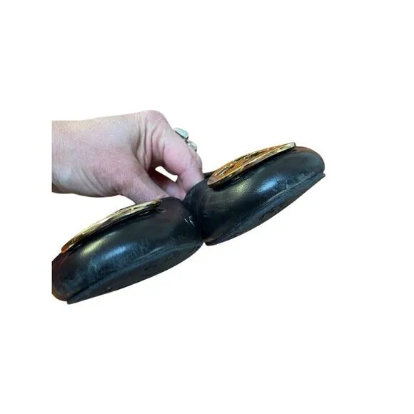 Tory Burch Minnie Travel Ballet Women’s Black Leather Flat w/ Gold Medallion 9.5